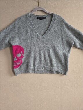 Skull Cashmere Sweater Gray Size Small Cropped Fit Oversized Relaxed